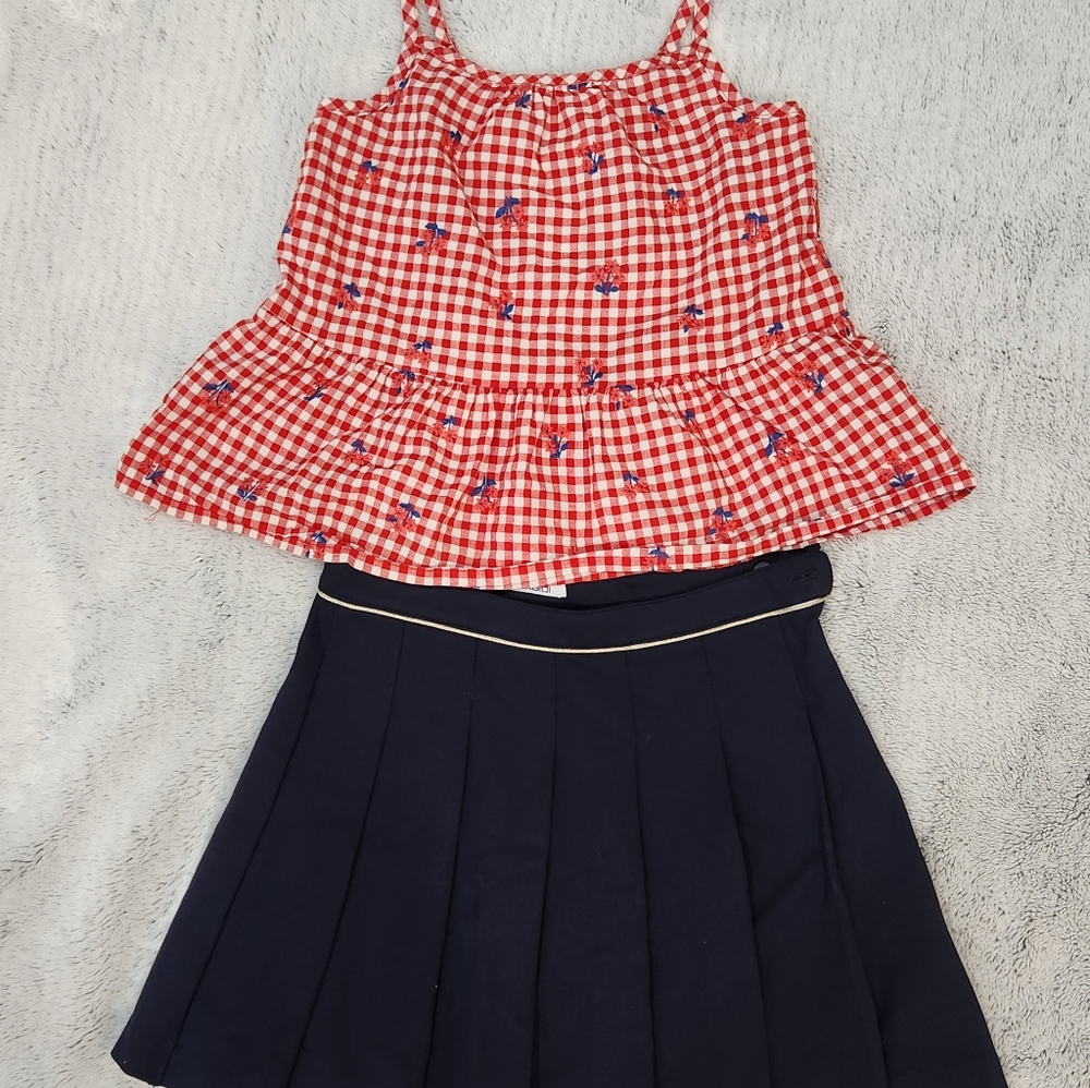 Red Gingham Top with Navy Skirt